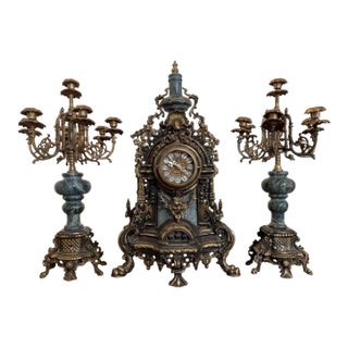 Marble Mantle Clock & (2) Candelabras Set￼ For Sale