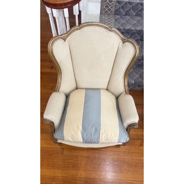 Wood Pair of Early 20th Century Louis XV–Style Wingback Bergère Chairs With Gilt Frames For Sale - Image 7 of 16