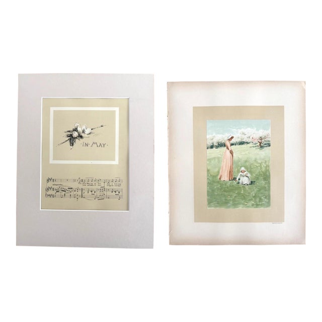 Antique 1888 Matted May Lullaby Print w/William Ladd Taylor Chromo on back, EUC For Sale