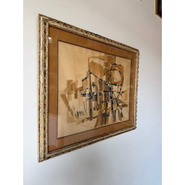 This striking 1970’s watercolor painting by J. Peter Hummel captures an abstracted architectural scene rendered in a warm,...