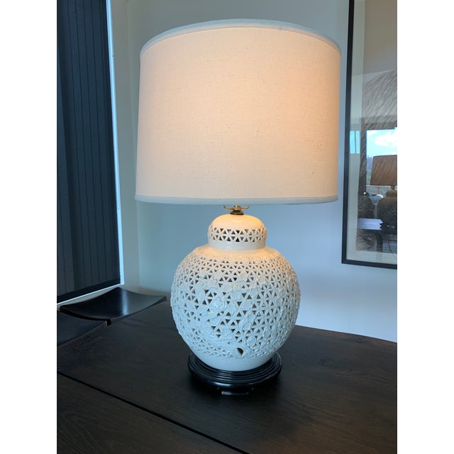 Vintage Reticulated White Ginger Jar Lamp Wood Base Cherry Blossom