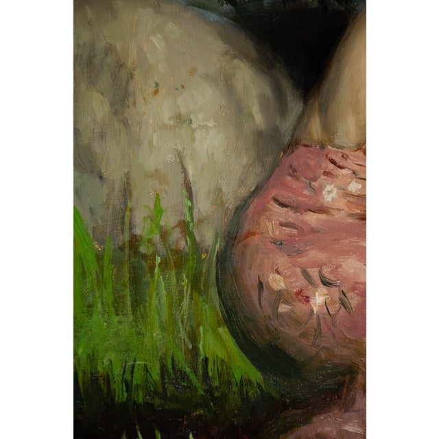 Truth by Nadezda | Oil on Panel Woman in a pink dress holding carrots in a grassy field. For Sale - Image 4 of 5