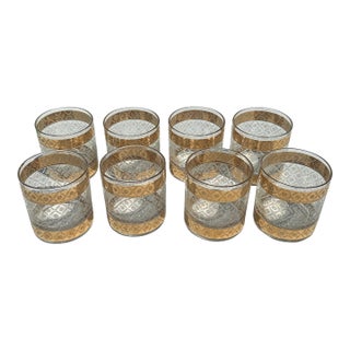 1970s Large Collection of Culver 22 Kt Gold Lowball Cocktail Glasses Scintilla Pattern- Set of 8 For Sale