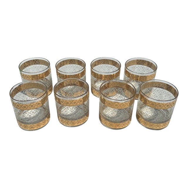 1970s Large Collection of Culver 22 Kt Gold Lowball Cocktail Glasses Scintilla Pattern- Set of 8 For Sale