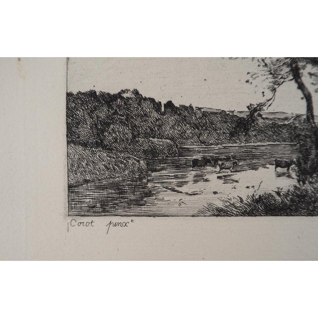 JB Camille COROT (after) Cows at the river Engraving after a painting by Corot Placed on copper by Laguillermie On vellum...
