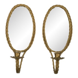 1960s French Twisted Metal Rope Wall Candle Holder Mirrored Sconces - a Pair. For Sale