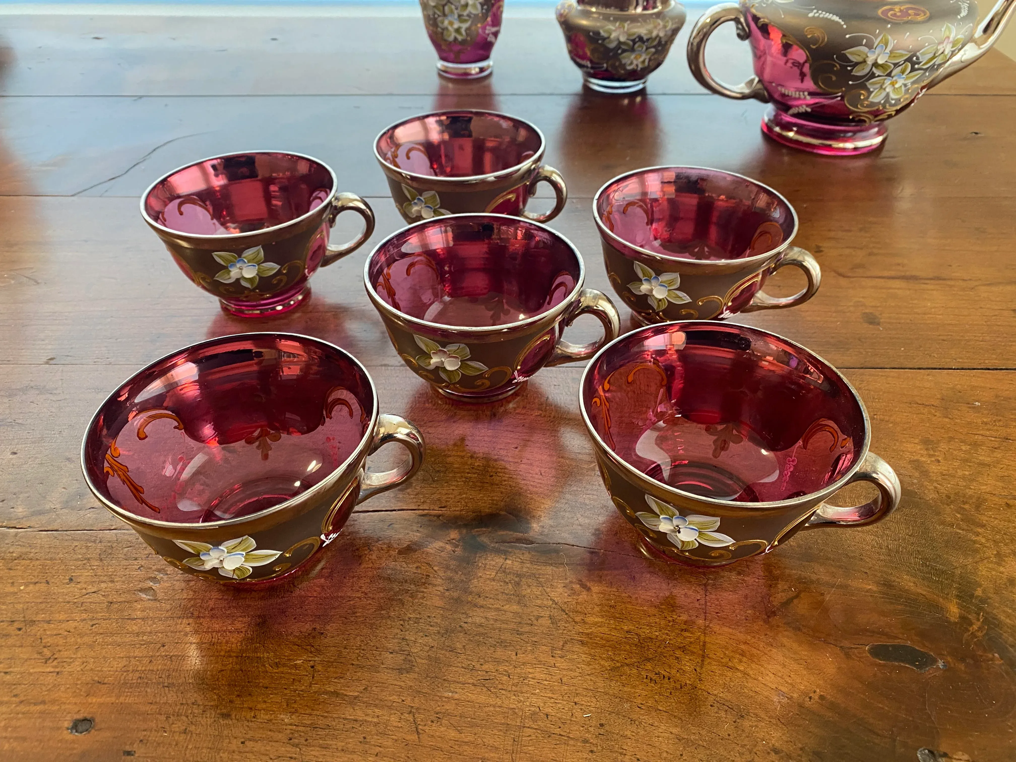 Vintage Venetian Murano Cranberry Glass HandPainted 24k Gold Tea