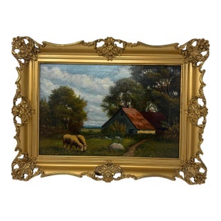 Mid 20th Century Signed European Pastoral Oil Painting in Ornate Rococo Gilt Frame With Grazing Sheep For Sale