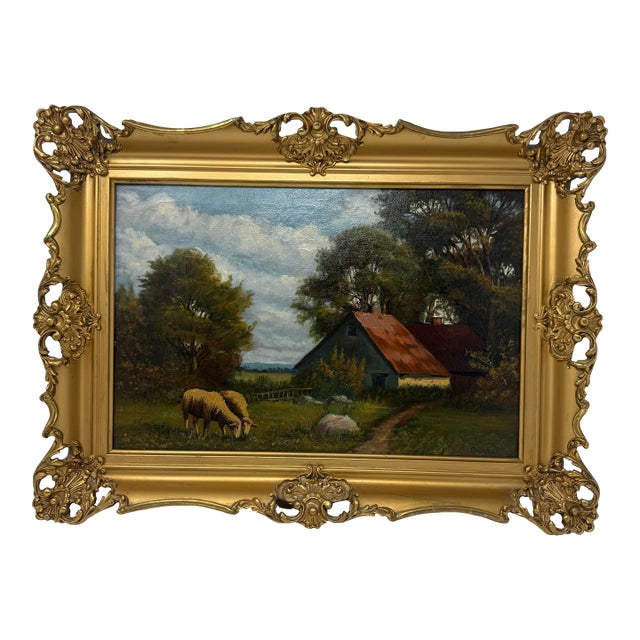 Mid 20th Century Signed European Pastoral Oil Painting in Ornate Rococo Gilt Frame With Grazing Sheep For Sale