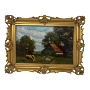 Mid 20th Century Signed European Pastoral Oil Painting in Ornate Rococo Gilt Frame With Grazing Sheep