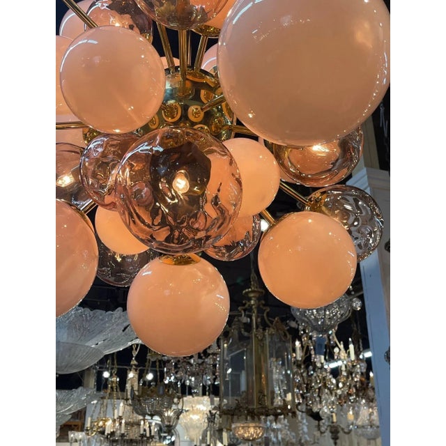 Metal Pink Cloud Murano Style Glass and Brass Chandelier For Sale - Image 7 of 10