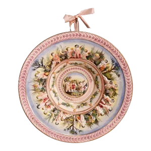 Large Italian Capodimonte Porcelain Center Bowl, Cherubs Scene in Relief, 20th Century