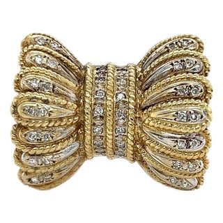 Mid 20th Century Diamond Fancy Frilled 14k Two Tone Gold Bow Ring Size 8 For Sale