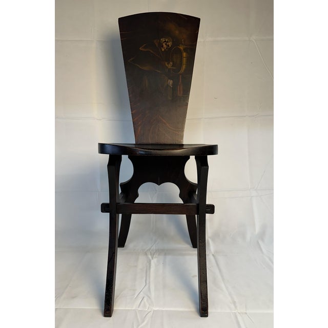 Arts & Crafts Early 20th Century Arts & Crafts Mission Oak Hall Chair Featuring a Hand-Painted Monk, Attributed to Shop of the Crafters For Sale - Image 3 of 15