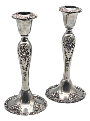 Pair Godinger Baroque Silverplate Candlesticks — Rococo Revival 8.25"
