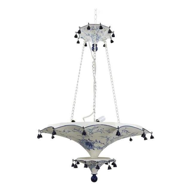 Vintage Two Tiers Upside Down Umbrella Ceiling Chandelier With Bells, White/ Blue in Arabasic Design Style For Sale