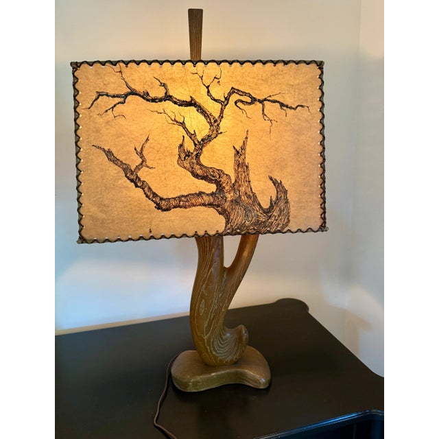 Fantastic 50's cerused oak table lamp in biomorphic/organic shape, complete with a *really good* boxy, whipstitched...