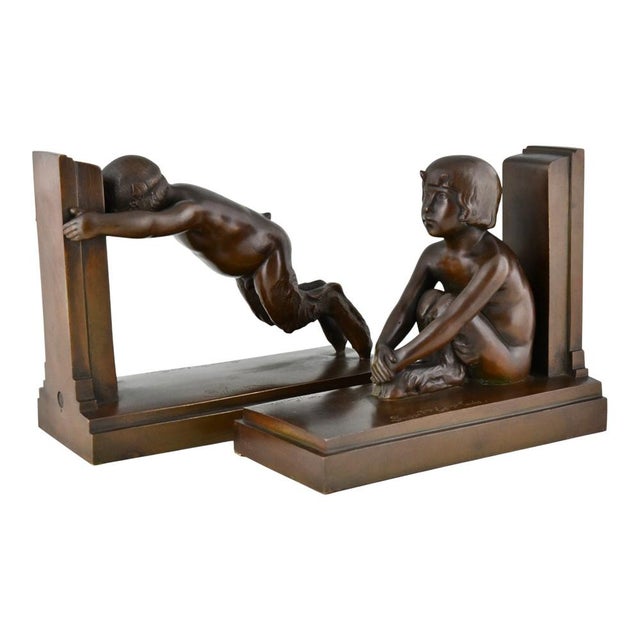 Brown Art Deco Bronze Bookends of Boy and Girl Satyr by Paul Silvestre, 1920s, Set of 2 For Sale - Image 8 of 13