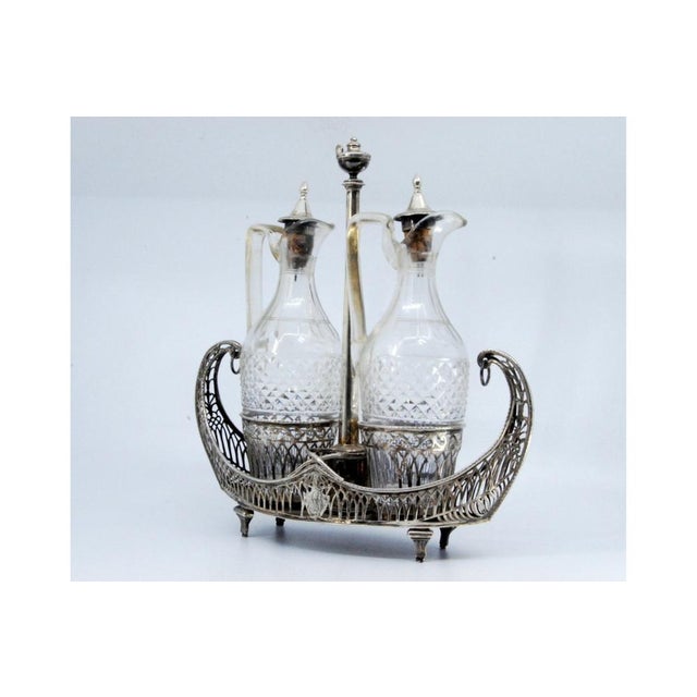 Cruet with Silver Structure Cut Into the Shape of Nave with Two Cut Glass Cruets on Four Raised Feet and Silver Lid Support For Sale - Image 9 of 11