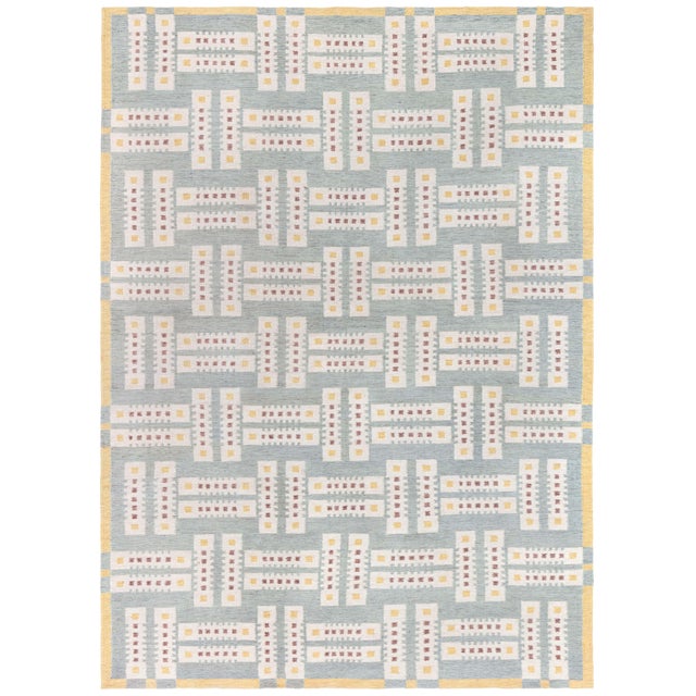 Oversized Flatweave Modern Geometric Light Blue Wool Rug by Doris Leslie Blau For Sale