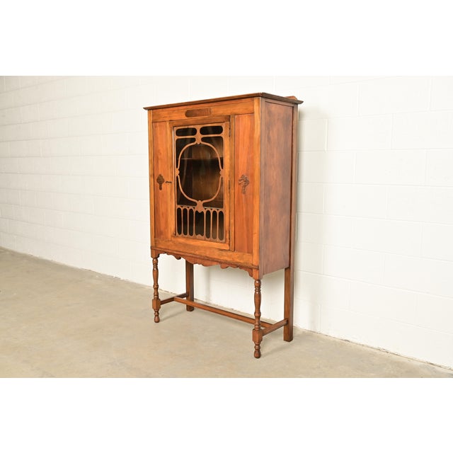 Art Deco Berkey & Gay Style Antique English Jacobean Carved Walnut and Burl Wood Bookcase or Bar Cabinet, Circa 1920s For Sale - Image 3 of 13