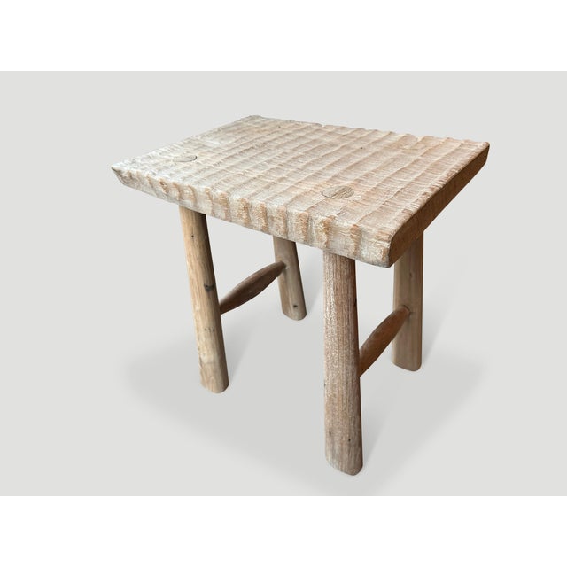 Andrianna Shamaris Bleached Teak Wood Hand Carved Stool or Side Table For Sale - Image 4 of 5