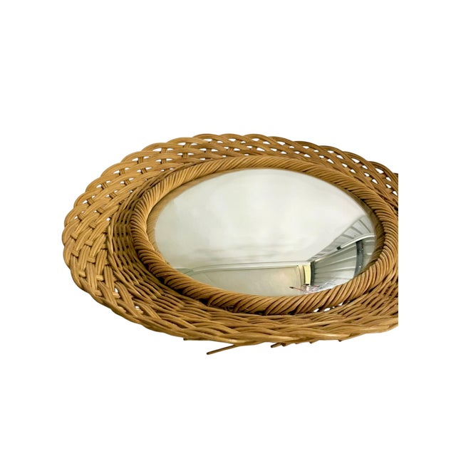 Vintage French Wave Edge Wicker Sunburst Convex Mirror, Mid-Century For Sale - Image 4 of 9