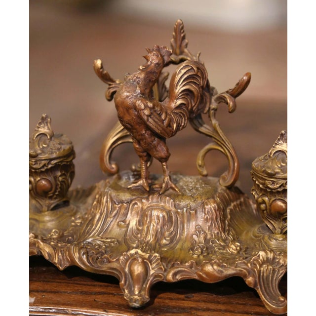 19th Century French Gilt Spelter Inkwell With Rooster Sculpture Signed A. Bossu For Sale - Image 4 of 12