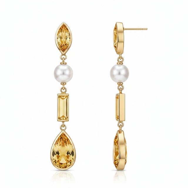 Modern Multi-Shape Citrine Earrings studs. Contemporary Pearl & Citrine Drop Earrings. Geometric Citrine and Pearl...