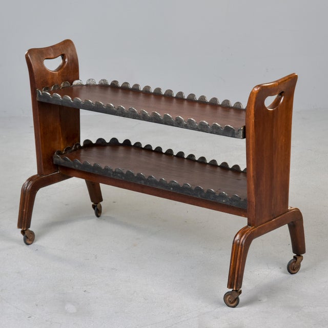 Burnt Umber Early 20th Century English Rolling Trolley With Scalloped Gallery For Sale - Image 8 of 11