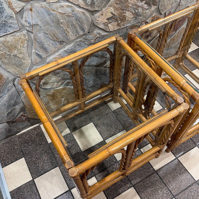 Bamboo Side Tables With Glass Tops Twisted Arch Design - 2 For Sale - Image 4 of 8