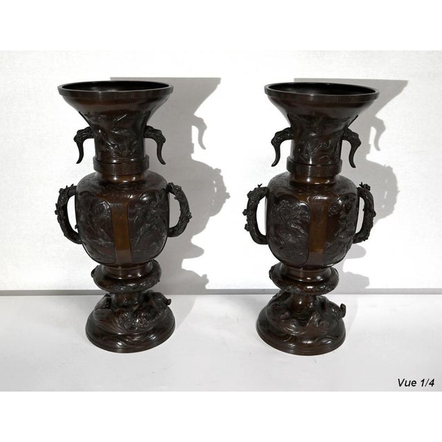 Antique Japanese Bronze Vases, Set of 2 For Sale - Image 12 of 18