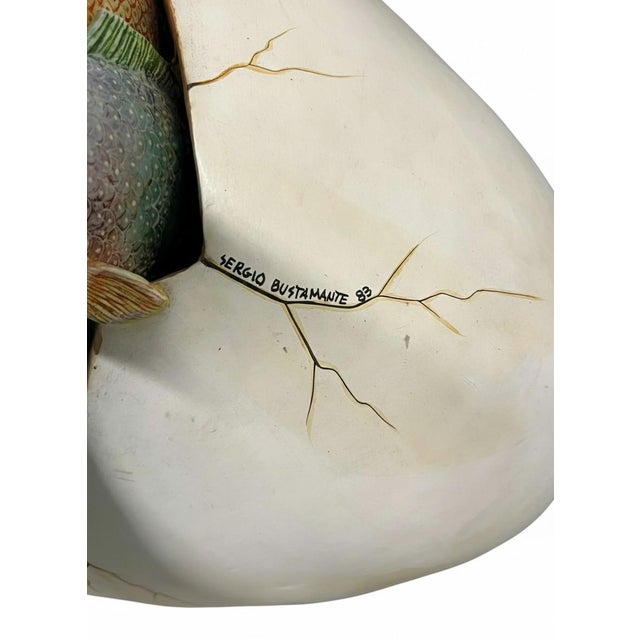 Eggshell 1980s Large Whimsical Sergio Bustamante "Egg With Fish" “Fish Boy” Hand-Painted Surrealist Sculpture For Sale - Image 8 of 9