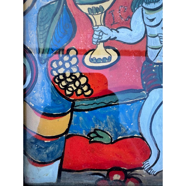 Glass Vintage Folk Art Reverse Glass Painting of Christ With Chalice in Rustic Wood Frame For Sale - Image 7 of 8