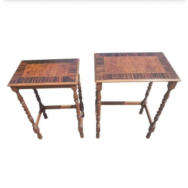 1960s Mahogany Barley Twist Banded Walnut Satinwood Burl Nesting Tables, a Pair For Sale - Image 4 of 11