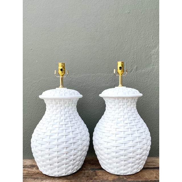 Vintage Plaster Woven Rattan Lamps - A Pair For Sale In West Palm - Image 6 of 12