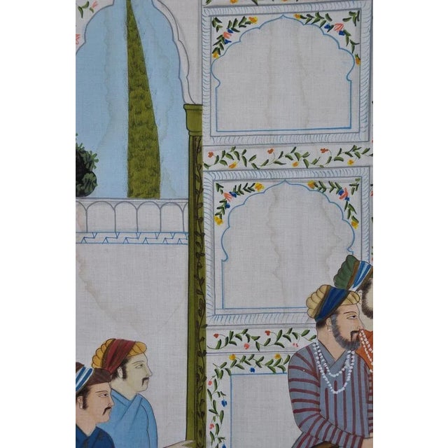 Wood Large (45"x69") Persian Style Painting on Fabric Mounted on Board Depicting a Courtyard Scene For Sale - Image 7 of 13