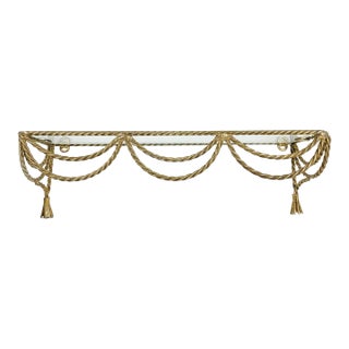 Hollywood Regency Brass Rope Tassel Wall Shelf With Glass Insert Grandmillennial 18 Inch For Sale