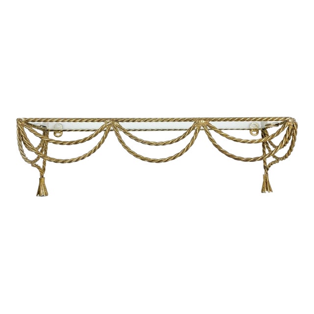 Hollywood Regency Brass Rope Tassel Wall Shelf With Glass Insert Grandmillennial 18 Inch For Sale
