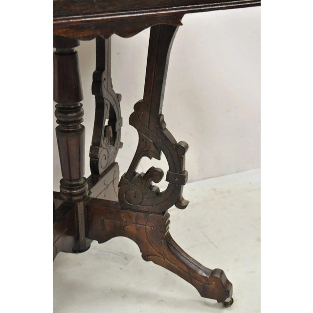 Antique Eastlake Victorian Marble Top Carved Walnut Parlor Accent Side Table For Sale - Image 10 of 10