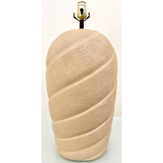 Large vintage plaster table lamp. This sculptural piece is notable for its textured base with a spiral or "waved" design...