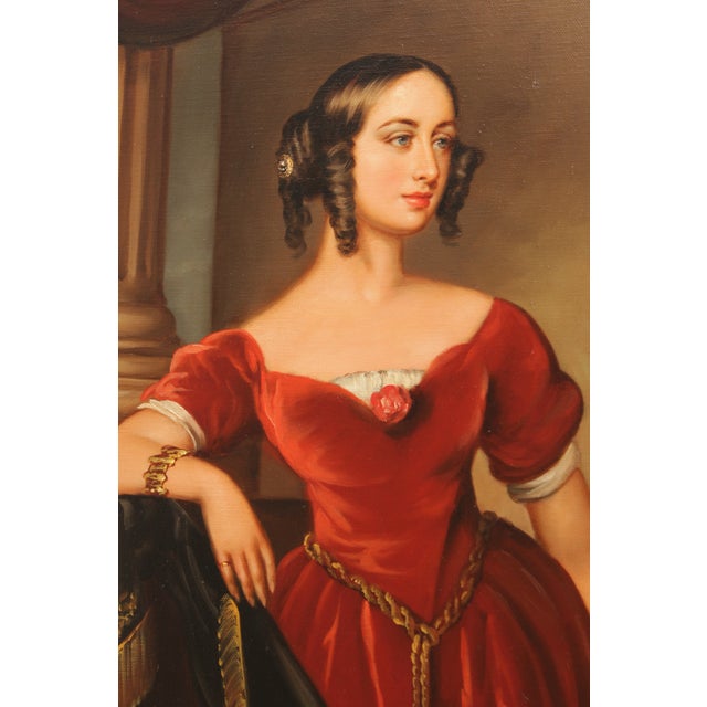 Artist Signed Portrait of Lady in Red Dress Painting on Canvas For Sale - Image 11 of 13