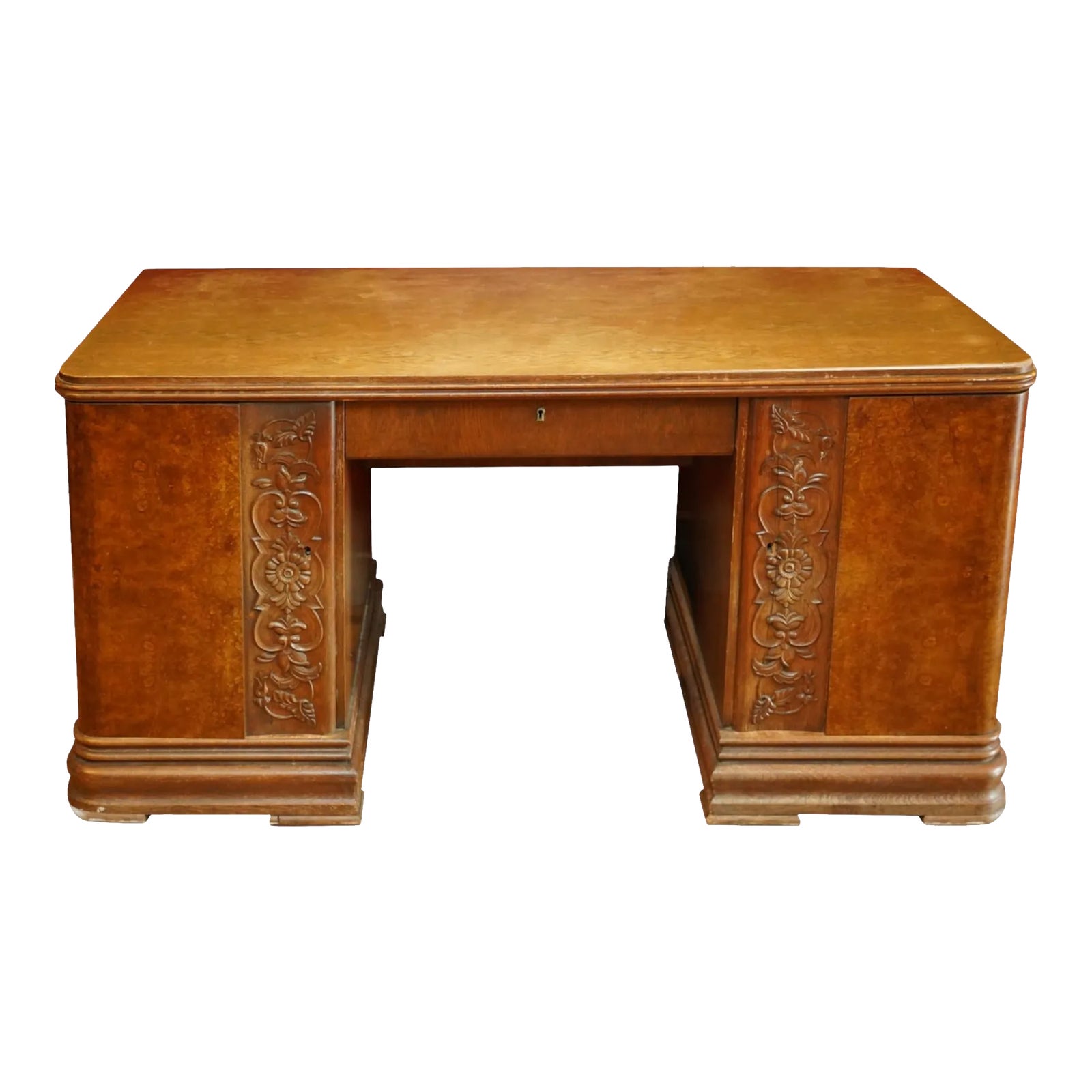 Antique English / Art Deco Writing Desk With Burled Veneer & Floral ...