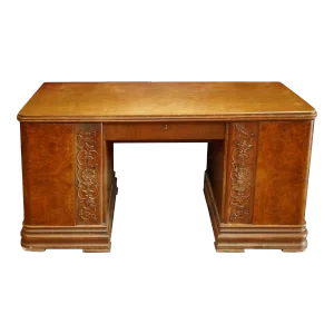 Substantial Antique English Writing Desk With Burled Veneer & Floral Carving Accents, C. 1920-1940 - Refinished Top
