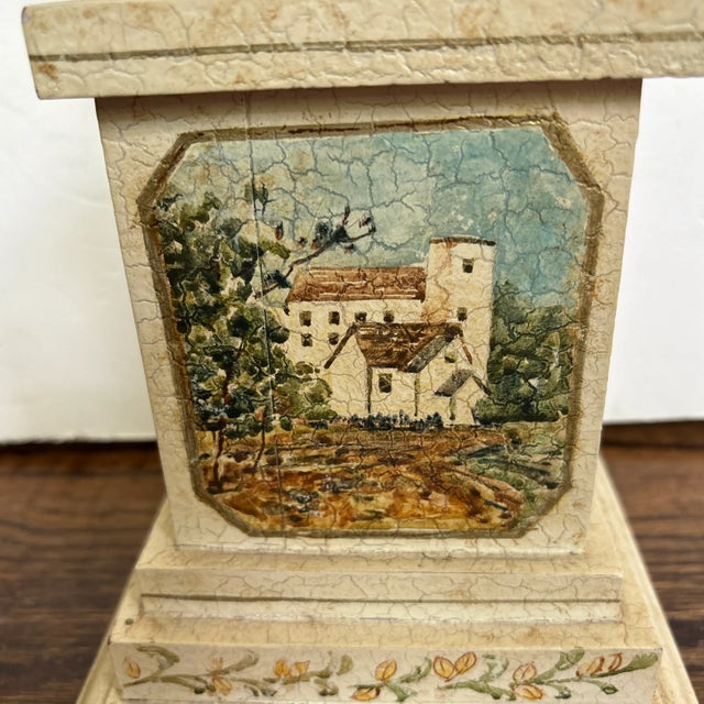 Charming Pair of hand painted wooden column lamps featuring an idyllic English countryside scene on the front of each...