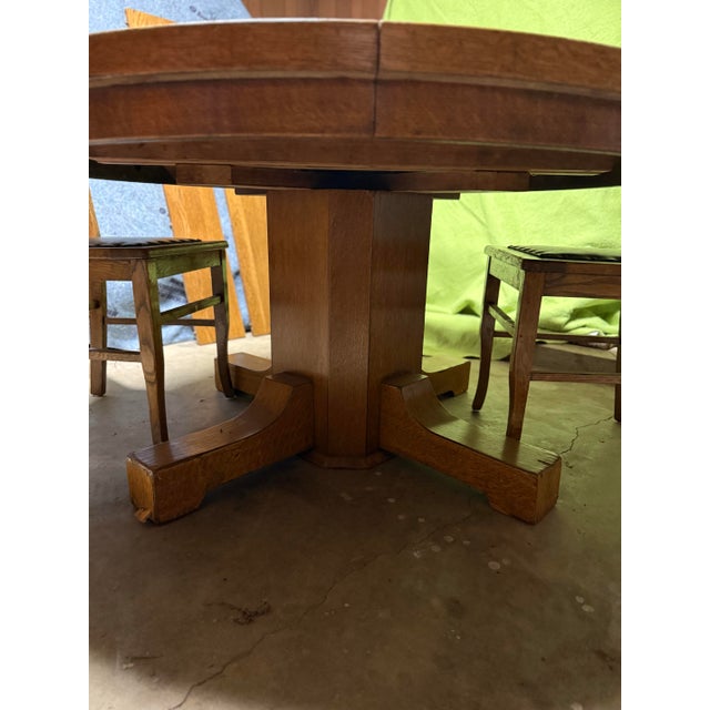 Rustic Antique Oak Round Dining Table & 4 Chairs – Arts & Crafts Style For Sale - Image 3 of 6