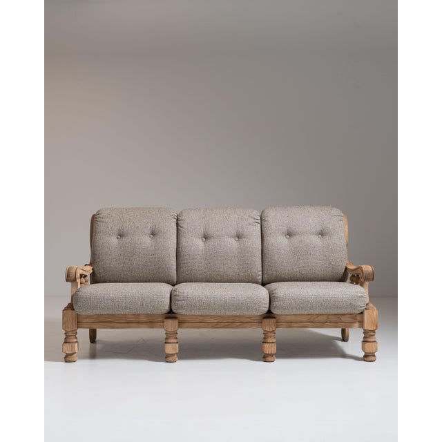 1970s French Tan Brutalist Oak Upholstered Sofa For Sale - Image 15 of 15