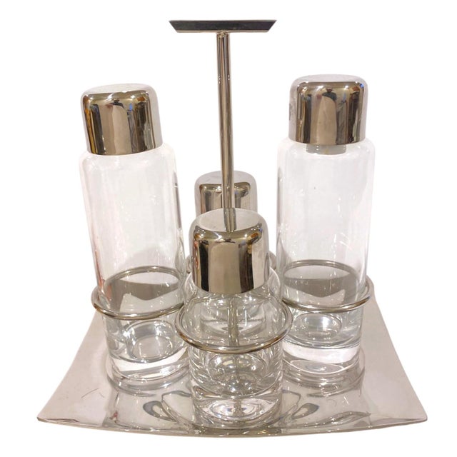 Roberto Sambonet Sambonet Linea Q Cruet Set Glass Stainless Steel Salt Pepper Oil Vinegar - 5 pcs For Sale - Image 4 of 16