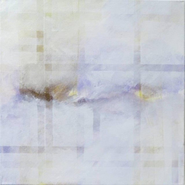 In this soft painting "Clouds Woven in Purple" by the artist Skadi Engeln, white clouds pass by and obscure the sky, a...