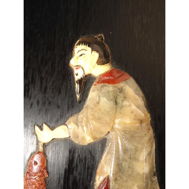 Wood Oriental Asian Black Pictures with Mother of Pearl 'Men Farming & Fishing' - a Pair For Sale - Image 7 of 9